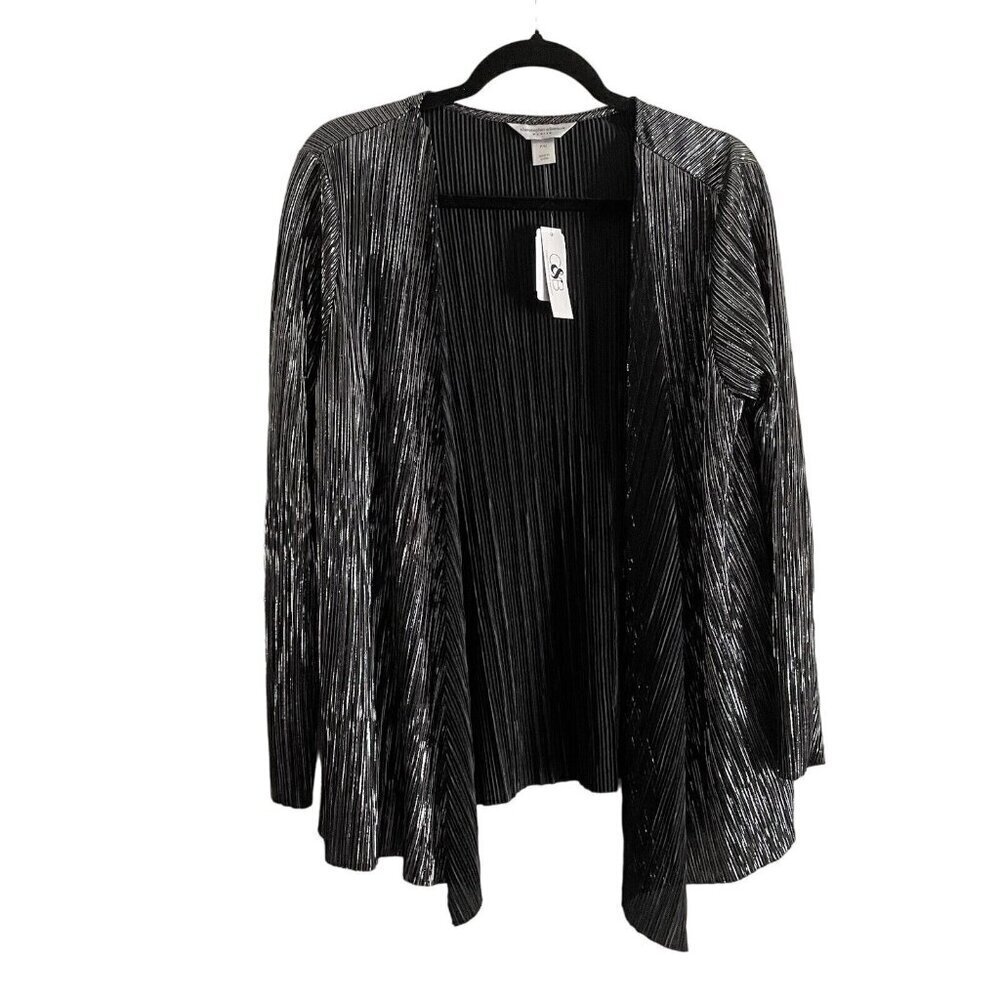 Christopher & Banks Petite Wmn PM Black/Silver Stripe Texture Open Front Top NWT